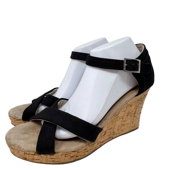 Toms Womens Sienna Black Canvas Cork Wedge 4" Heel Sandal Size 11 VGC - Picture 1 of 9